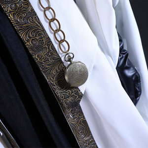 There is a belt with a metal chain and decorations at the waist and bells, pocket watch is hung on the chain.