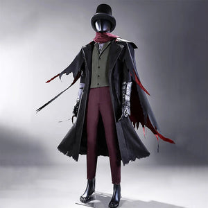 Gehrman cosplay costume back view with black coat, top hat, and pants