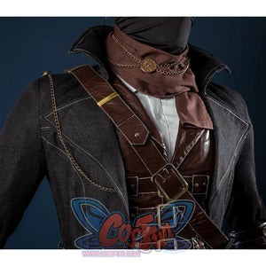 Bloodborne Hunter Ludwig Cosplay costume's main colors is black, there are many detail in chest, he wear a brown scarf with chain decoration, the vest is made of heavy leather, with a lot of belts and decorative belts on the clothes.