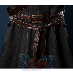 Bloodborne Hunter Ludwig Cosplay costume coat is long and black , with a lot of brown shiny PU leather belts on the waist.