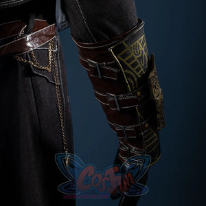 Bloodborne Hunter Ludwig Cosplay costume's back of hand guards is made by brown PU leather with four metal buckles.