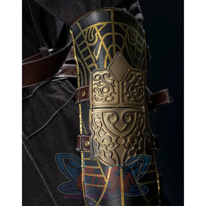 Bloodborne Hunter Ludwig Cosplay costume's front view of hand guards a metallic texture and complex texture decoration on the front.