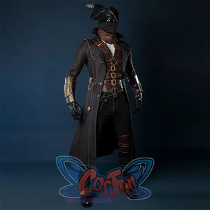 Bloodborne Hunter Ludwig Cosplay costume's main colors is black, the body looks smooth from the side, the face is tightly wrapped with a black mask, and he wears a dark robe with a wide shawl, the vest is made of heavy leather, with a lot of belts and decorative belts on the clothes, and tight pants with leather knee pads underneath.