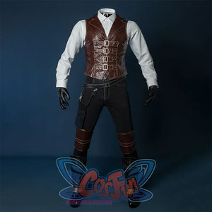 Bloodborne Hunter Ludwig Cosplay costume's lining clothes, the top consists of a white shirt and a tight brown leather vest with five metal buckles, the lower body is dark tights, and the knee pads are made of the same material as the vest.