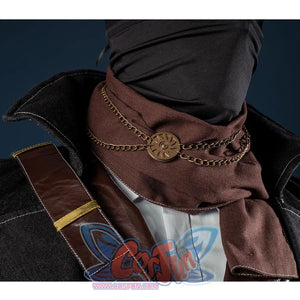 Bloodborne Hunter Ludwig Cosplay costume's main colors is black, there are many detail in neck, he wear a brown scarf with gold chain decoration.
