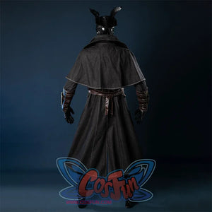 Bloodborne Hunter Ludwig Cosplay costume about long coat and shawl are made of the same black fabric, showing a strong Gothic style, there is a brown belt with a metal buckle at the waist.
