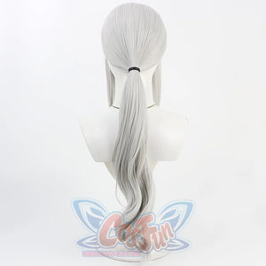 Bloodborne Hunter Maria Cosplay wig, long sliver-white hair with low ponytail hairstyle on the back