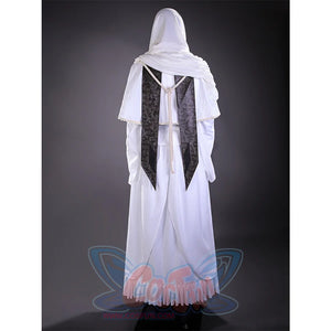 Bloodborne Losefka cosplay costume back view showing white hooded shawl over dark patterned vest