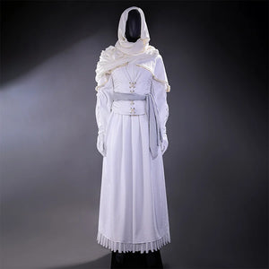 Bloodborne Losefka cosplay costume white church dress with hooded shawl, belt, and gloves - full front view