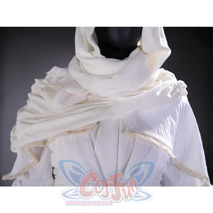 Bloodborne Losefka cosplay costume detail close-up of white headscarf and draped shawl neckline