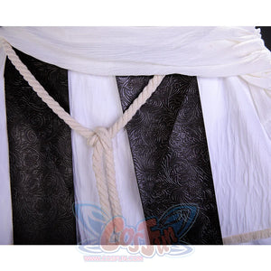 Bloodborne Losefka cosplay costume shawl detail showing dark patterned vest beneath white draped fabric