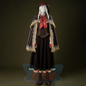 COSFUN Bloodborne The Doll cosplay costume layers a dark-grey hooded cloak over a gold-trimmed brown dress.