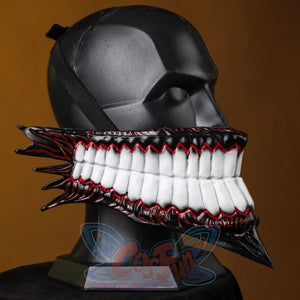 From the side, the Body Party cosplay helmet reveals jagged edges, rows of white teeth, and the strap securing it to the mannequin