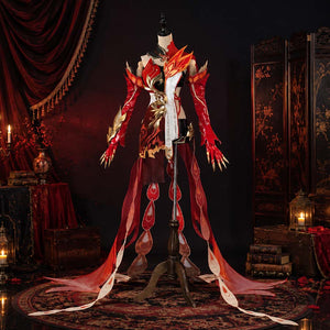COSFUN Honkai Impact 3 Garuda Fu Hua cosplay dress layers gold trim over a sheer tail section.