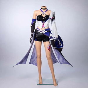 COSFUN Honkai: Star Rail Acheron cosplay costume layers halter top over split skirt with purple flame patterns.