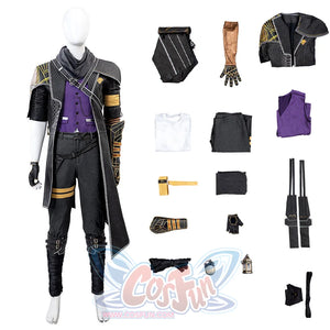 Clair Obscur: Expedition 33 Gustave cosplay set gathers black jacket, purple vest, pants and leg wraps in one view.