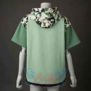 Back view of green summer camo monkey shirt on mannequin showing camo hood and shoulders