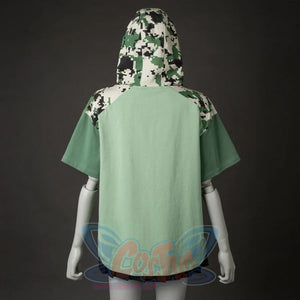 Back angle of summer camo monkey shirt with hood up showing detailed camo hood design