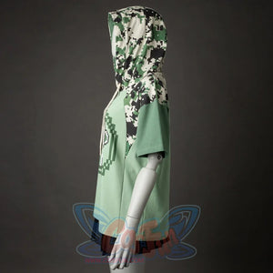 Side view of summer camo monkey shirt with hood up showing loose fit silhouette and camo details