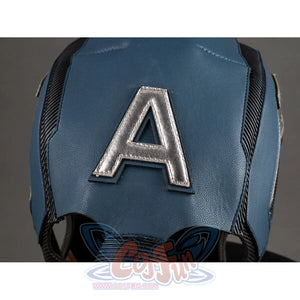 Close-up of Captain America cosplay helmet showing silver A logo on blue leather front panel
