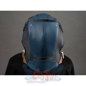 Captain America cosplay helmet rear view with blue leather panels and neck guard detail