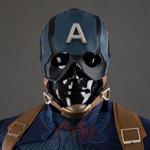 Captain America cosplay helmet worn with black goggle face shield, blue suit, and brown shoulder straps