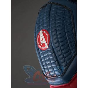 Macro close-up of Avengers A badge on Captain America cosplay shoulder pauldron armor piece