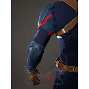 Side view of Captain America cosplay showing elbow guard, arm armor, and brown leather glove