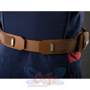 Close-up of Captain America cosplay belt back section showing pouches and strap hardware