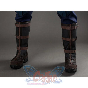 Front view of Captain America cosplay boots with brown leather straps and black mesh leg guards