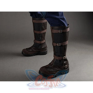 Side angle view of Captain America cosplay boots with black mesh guards and brown buckle straps