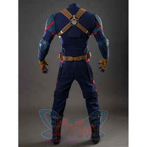 Rear view of Captain America cosplay costume without helmet, showing back straps and blue armor