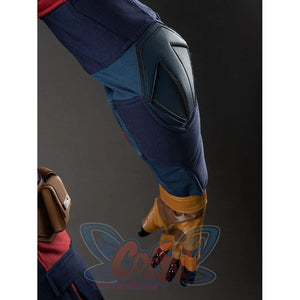 Close-up of the elbow armor and brown fingerless glove in the Captain America cosplay costume