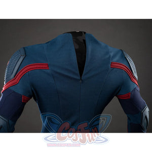 Upper back close-up of Captain America cosplay inner suit showing red lines and shoulder armor