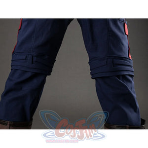 Close-up of Captain America cosplay lower pants with ruched detail and top of the brown boots