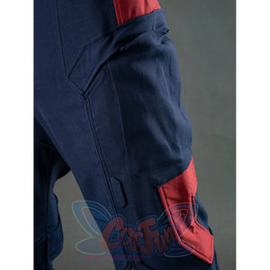Side close-up of Captain America cosplay pants showing navy fabric with red side pocket design