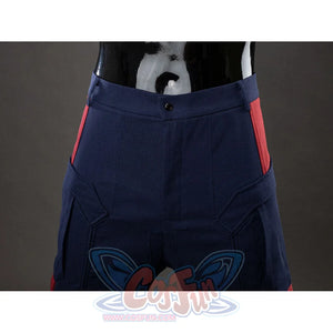 Front waist close-up of Captain America cosplay pants showing button, waistband, and red trim