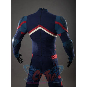 Full back view of Captain America cosplay suit showing zipper, red stripes, and shoulder pads
