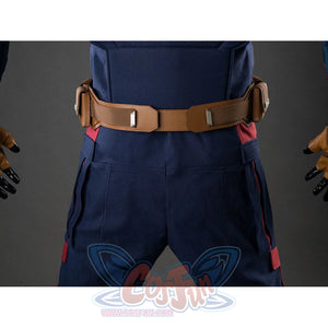 Front waist view of Captain America cosplay showing navy pants, brown belt, and gloved hands