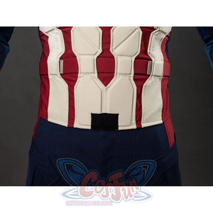 Close-up of the white segmented abdominal armor plates in the Captain America cosplay costume
