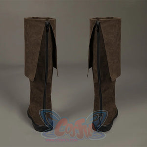 Captain Jack Sparrow Cosplay Boots are high-top, made of dark leather, with a slightly worn finish and a fold-over top, zipper at the back for easy on and off.