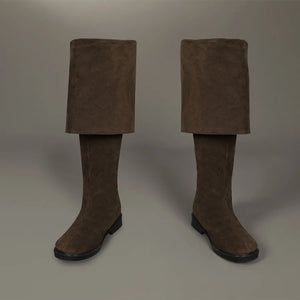 Captain Jack Sparrow Cosplay Boots are high-top, made of dark leather, with a slightly worn finish and a fold-over top.