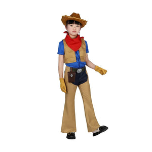 Child wearing Cowgirl Peach cosplay costume, posing frontally to display the outfit.