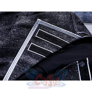 Detail of waist area from Alicia cosplay costume featuring silver geometric trim design and belt with button closure