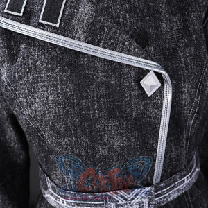 Detailed view of Alicia cosplay costume jacket featuring distressed fabric texture, silver decorative trim lines, and diamond-shaped embellishment