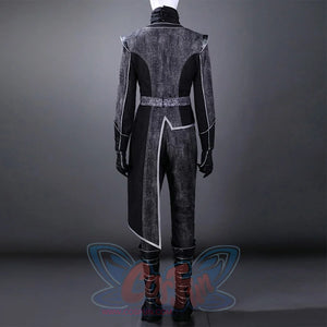Back view of Alicia cosplay costume displaying detailed jacket construction with silver trim, asymmetric hem design, and black leg straps