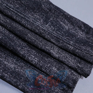 Close-up texture detail of distressed denim fabric used in Alicia cosplay costume