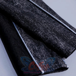 Detail of pants from Alicia cosplay costume showing distressed fabric texture with silver decorative trim accent