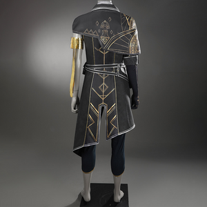 The overcoat has an asymmetrical short shoulder cape, adorned with golden lines.