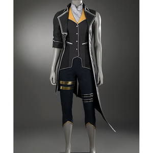 This outfit features an elegant, primarily in black, gold, silver, and deep navy blue tones.